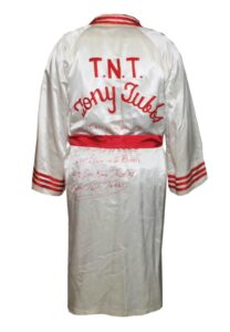 1988 Tony “TNT” Tubbs Fight Worn Robe vs. Mike Tyson in Japan Signed & Inscribed “I Went Down in 2 Rounds Like Don King Told Me”