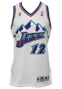 1996-97 John Stockton Utah Jazz Game-Issued & Autographed Home Jersey With Finals Patch