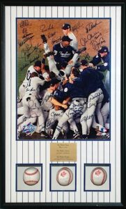 1998 NY Yankees World Championship Team Autographed LE Photo with Wells, Brosius & Torre Single Signed Baseballs Shadowbox Display