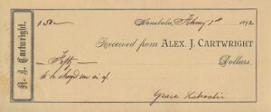 2/1/1892 Alexander Cartwright Hand-Written Personal Receipt