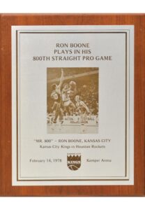 2/14/1978 Ron Boone “Mr. 800” 800th Consecutive Pro Game Award Plaque