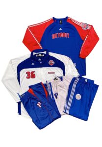 2000s Rasheed Wallace Detroit Pistons Player Worn Warm-Up Jacket, Shooting Shirt & Pants