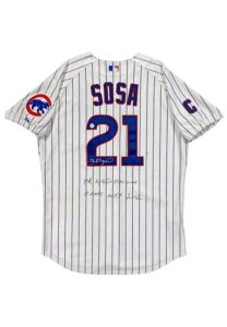 2002 Sammy Sosa Chicago Cubs Game-Used, Autographed & Inscribed Home Run Jersey