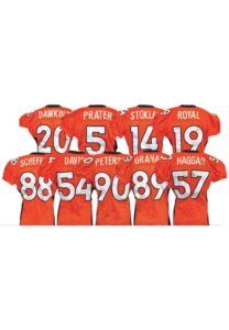 2009 Denver Broncos Game-Used Orange Crush Home Jerseys — Brian Dawkins, Eddie Royal, Tony Scheffler, Andra Davis, Matt Prater, Brandon Stokley, Kenny Peterson, Daniel Graham & Mario Hagan