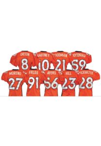 2009 Denver Broncos Game-Used Orange Crush Home Jerseys — Kyle Orton, Jabar Gaffney, Knowshon Moreno, Wesley Woodyard, Robert Ayers, Renaldo Hill, Correll Buckhalter, Ronald Fields, Goodman