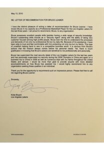 2010 Kobe Bryant Signed Typed Letter Of Recommendation For Personal Bodyguard