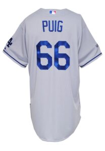 2013 Yasiel Puig Rookie Los Angeles Dodgers Postseason Game-Issued Road Jersey