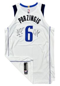 2021-22 Kristaps Porzingis Dallas Mavericks “Sorry About Costing You 76K” Autographed Game Jersey