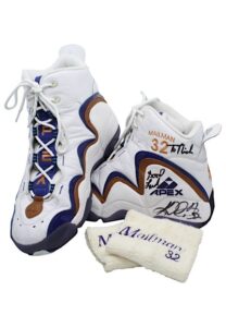 3/13/1999 Karl Malone Utah Jazz Game-Used & Dual-Autographed Shoes & Wristbands