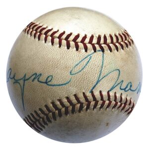 3/16/1957 Jayne Mansfield Single-Signed Baseball From Exhibition Baseball Game with Photo of Her & the Ball