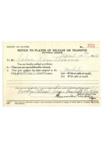 4/14/1948 Cal Abrams Brooklyn Dodgers Notice of Transfer Signed by Branch Rickey