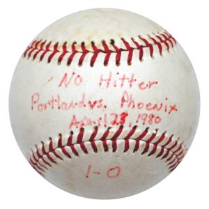 4/28/1980 Rick Rhoden PCL Portland vs. Phoenix No Hitter Game-Used Baseball from the Collection of Rick Rhoden