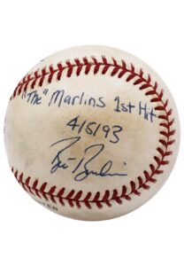 4/5/1993 Florida Marlins First Franchise Hit Game-Used ONL Baseball Signed By Bret Barberie