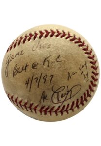 4/7/1997 Baltimore Orioles vs. Kansas City Royals Game-Used “Jackie Robinson Day” OAL Baseball Autographed By Umpire Al Clark