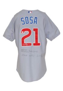 5/2/2002 Sammy Sosa Chicago Cubs Game-Used & Autographed Double HR Road Jersey