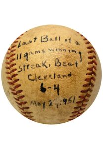 5/27/1951 Cleveland Indians vs Chicago White Sox Game-Used “11 Game Winning Streak” Baseball