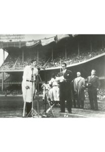 6/13/1948 Mel Allen and Babe Ruth “Babe Ruth Day” Photo & Yankee Stadium Postcard Signed by Mel Allen with “MC Silver Anniversary of Yankee Stadium 1948” Inscription