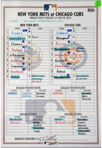 7/20/16 New York Mets vs Chicago Cubs Lineup Card Hung In Mets Dugout & Signed By Manager Terry Collins