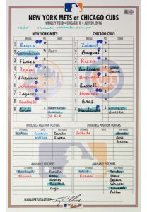 7/20/16 New York Mets vs Chicago Cubs Lineup Card Hung In Mets Dugout & Signed By Manager Terry Collins