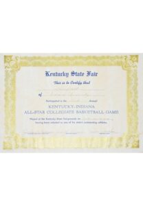 9/10/1954 Adolph Rupp Autographed First Annual Kentucky-Indiana All-Star Collegiate Basketball Game Certificate