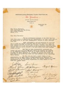 9/14/1947 NY Yankee Team Signed “Miss Yankee” Letter of Appreciation