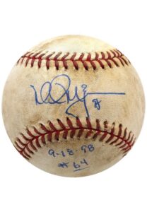 9/18/1998 Mark McGwire Game-Used, Autographed & Inscribed Home Run #64 Baseball