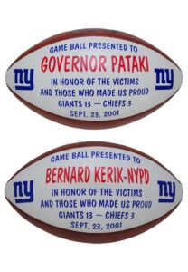 9/23/2001 New York Giants Game Balls Presented to Governor George Pataki & NYPD Commissioner Bernard Kerik