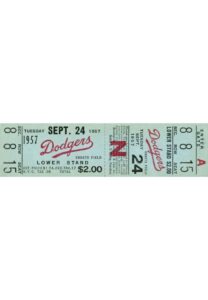 9/24/1957 Pittsburgh Pirates at Brooklyn Dodgers Full Ticket