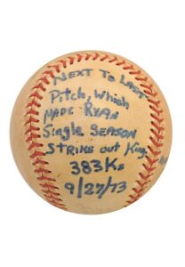 9/27/1973 Nolan Ryan Autographed Next-To-Last Pitch For Single Season Strikeout Record