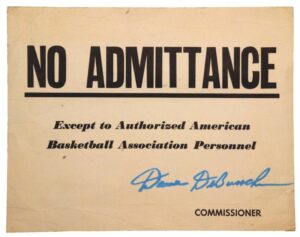 ABA Commissioner Dave DeBusschere Autographed Locker Room Sign with NY Nets Press Passes