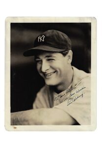 Beautiful Lou Gehrig Autographed B&W New York Yankees 8×10 Photo Personalized To The Wife Of 1920s Brooklyn Robins Dick Loftus