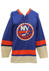 Early 1970s Gerry Hart New York Islanders Autographed Durene Tie Top Retail Jersey