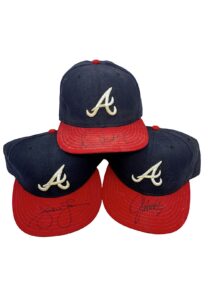 Early 2000s Greg Maddux, John Smoltz & Andruw Jones Atlanta Braves Game-Used & Signed Caps