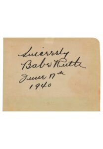 Extraordinary Babe Ruth Autographed Album Page Dated June 17th 1940