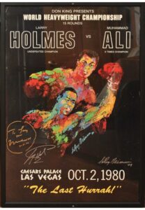 Framed 10/2/1980 Larry Holmes vs. Muhammad Ali On-Site Fight Poster Signed by Holmes, Ali & Leroy Neiman