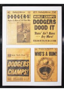 Framed 10/5/1955 Brooklyn Dodgers Newspapers, One Autographed by Johnny Podres