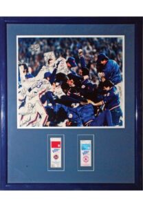 Framed 1986 New York Mets Team-Signed Photo with World Series Ticket Stubs