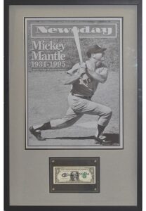 Framed 8/14/1995 Mickey Mantle Front Page Memorial & Autographed Dollar Bill