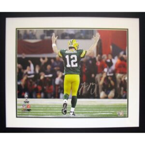 Framed Aaron Rodgers Autographed SB XLV Touchdown Signal Horizontal 16×20 Photo