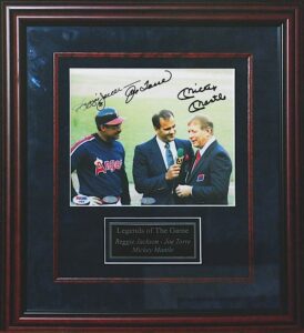 Framed Autographed Photo of Joe Torre Interviewing Mickey Mantle & Reggie Jackson