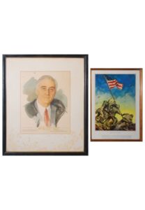 Framed C.C. Beall “Raising Our Flag at Iwo Jima” War Bonds Poster & Framed 1945 Franklin Delano Roosevelt Portrait