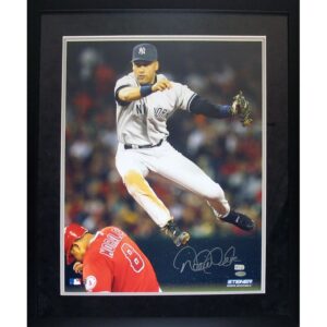 Framed Derek Jeter Autographed Road Jersey Jump Throw Over Morales Vertical 16×20 Photo