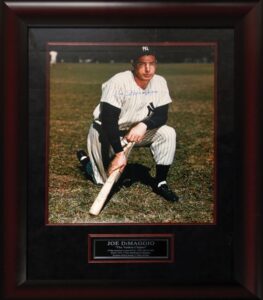 Framed DiMaggio Autographed Kneeling On Deck Oversized Format Photo