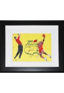 Framed Hand-Painted 2005 Masters Flag Signed by Tigers Woods & Michael Jordan