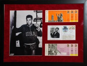 Framed Muhammad Ali Autographed Display with 1960 Olympics Unused Tickets