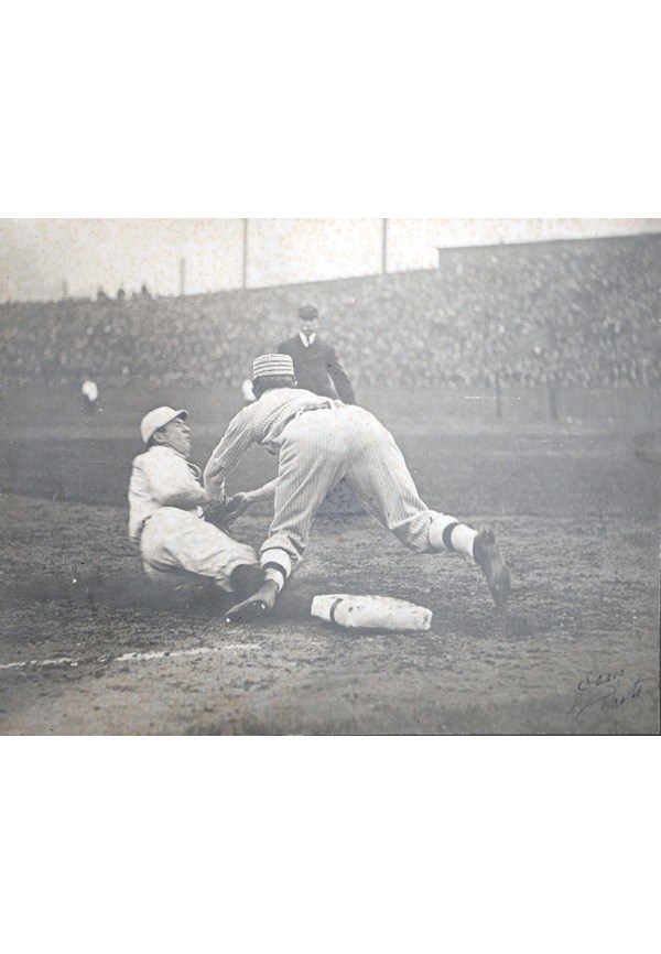 Framed Original Type-1 Black & White Photograph of Tris Speaker Sliding Into 3rd Being Tagged Out by Frank “Home Run” Baker
