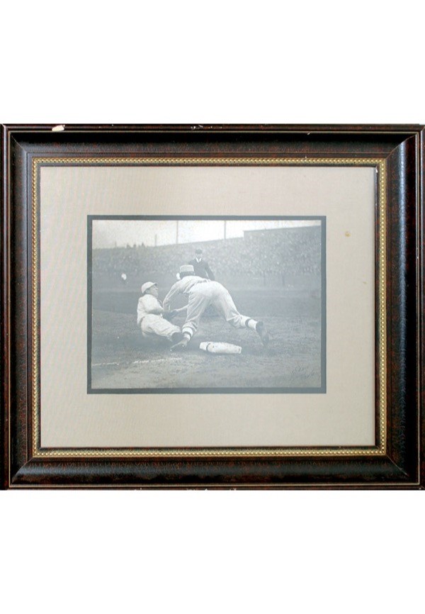 Framed Original Type-1 Black & White Photograph of Tris Speaker Sliding Into 3rd Being Tagged Out by Frank “Home Run” Baker - Image 1