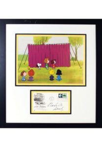 Framed “Peanuts Gang” Production Cel & 10/28/1970 First Day Cover Signed by Charles Schulz