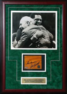 Framed Red Auerbach & Bill Russell Autographed Boston Garden Floor Parquet with Photo Display