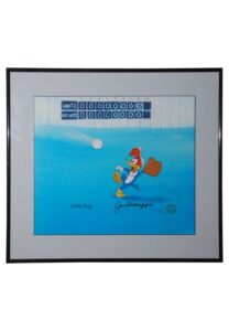 Framed Woody Woodpecker “Fly Ball” Limited Edition Animation Cel Autographed by Joe DiMaggio & Walter Lantz